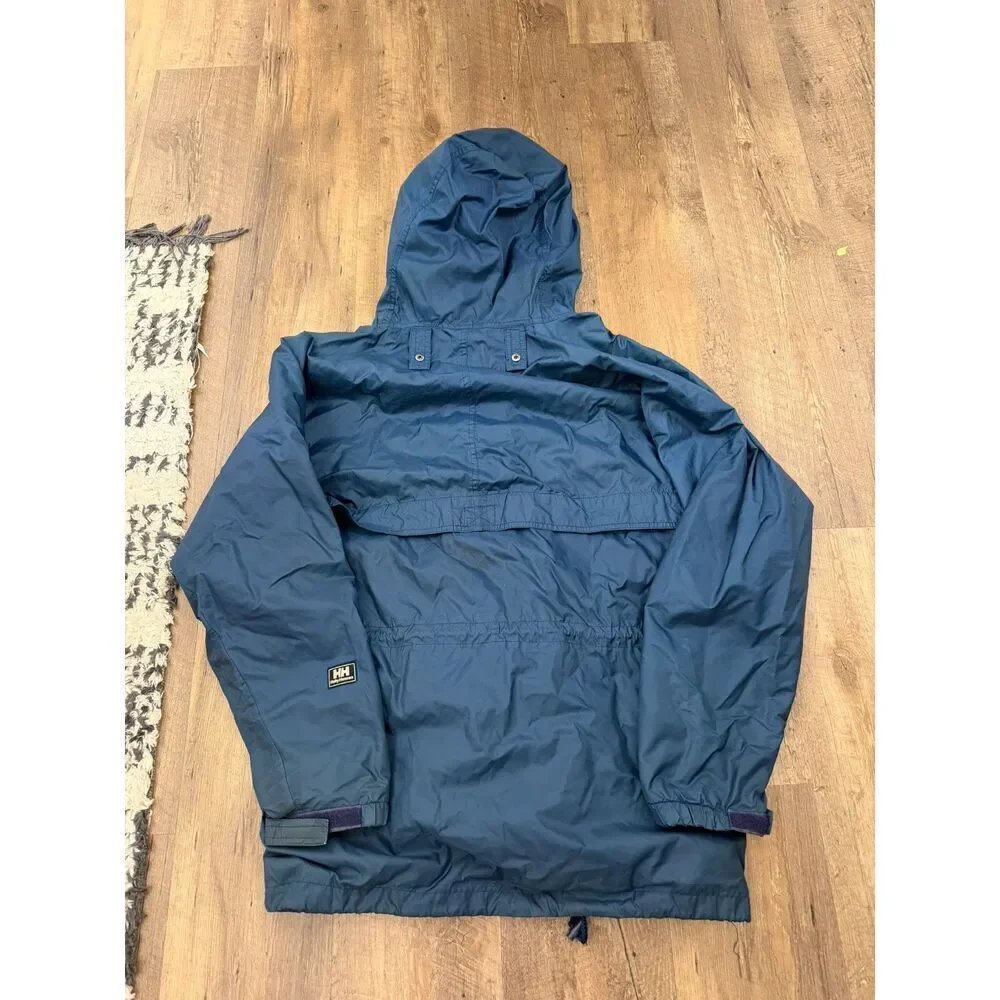 Vtg Helly Hansen Packable Rain Jacket Blue Hooded Full Zip Pockets Men's M *Read